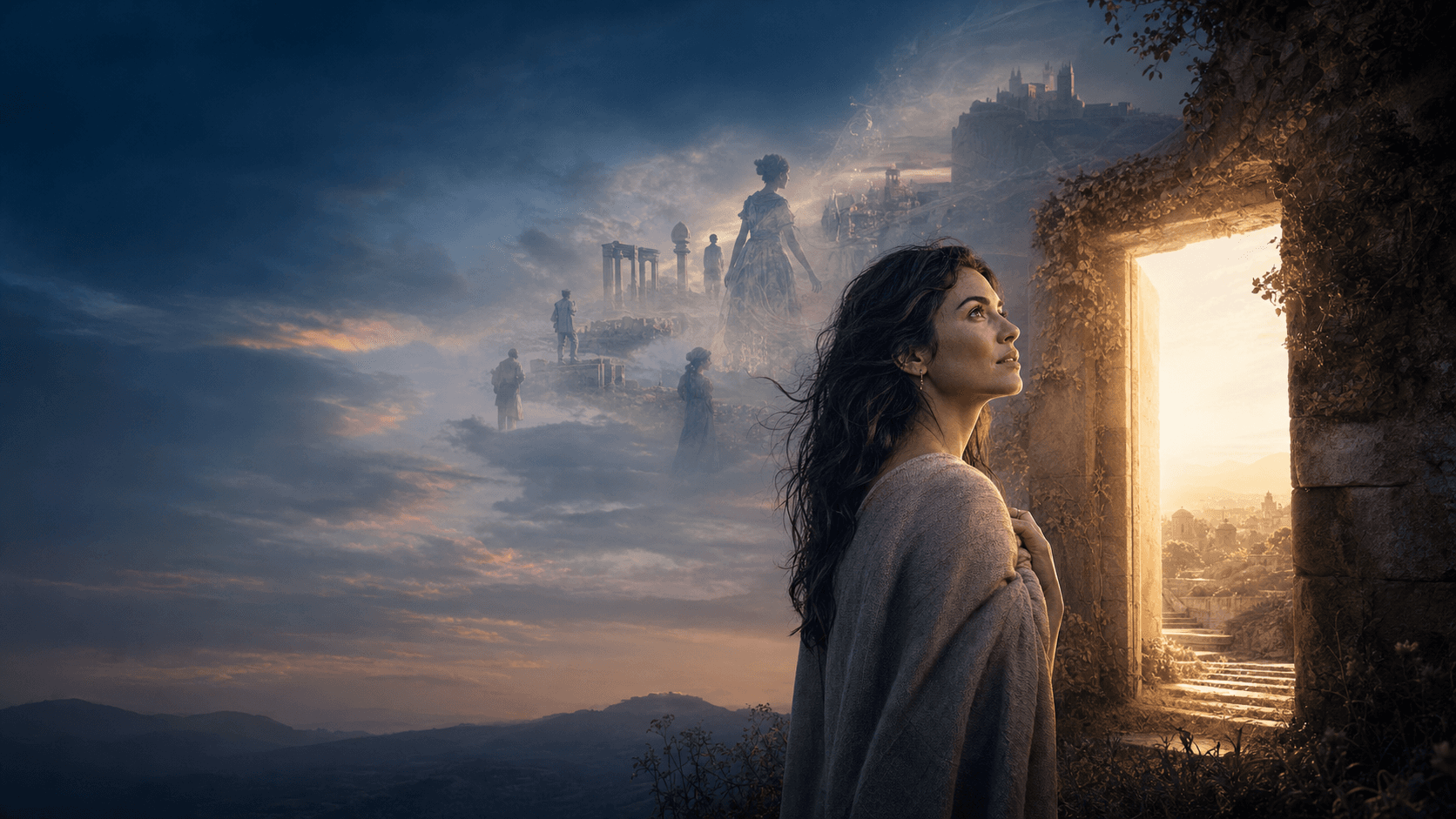 A woman standing before a luminous doorway with echoes of other lifetimes