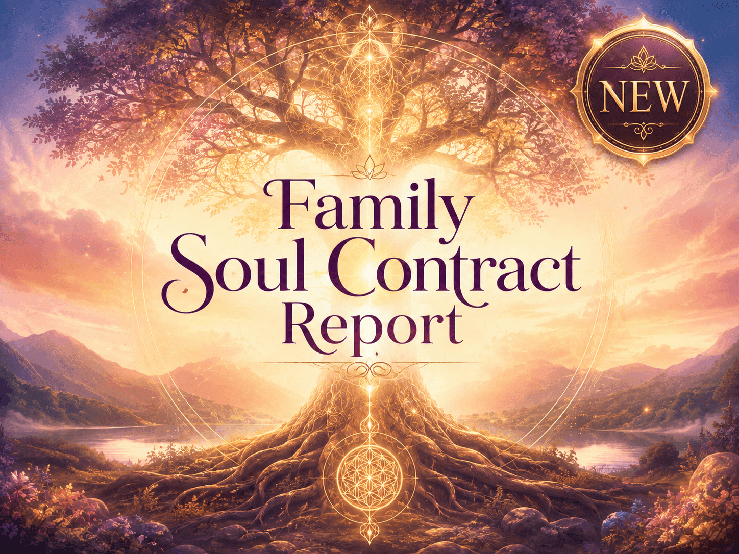Family Soul Contract Report artwork with a glowing sacred family tree