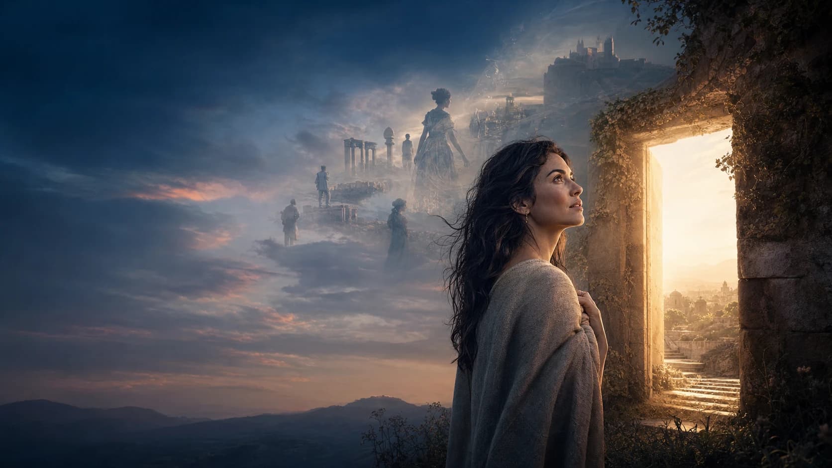 A woman standing before a luminous doorway with echoes of other lifetimes